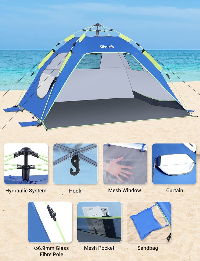 Glymnis Pop Up Beach Tent Sun Shade Shelter for 3-4 Person with UPF 50+, Lightweight & Easy Setup, Vent Windows & Zippered Door, Extended Floor Family Instant Beach Tent - Image 5