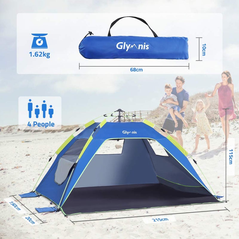 Glymnis Pop Up Beach Tent Sun Shade Shelter for 3-4 Person with UPF 50+, Lightweight & Easy Setup, Vent Windows & Zippered Door, Extended Floor Family Instant Beach Tent - Image 3