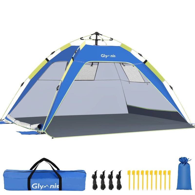 Glymnis Pop Up Beach Tent Sun Shade Shelter for 3-4 Person with UPF 50+, Lightweight & Easy Setup, Vent Windows & Zippered Door, Extended Floor Family Instant Beach Tent - Image 1