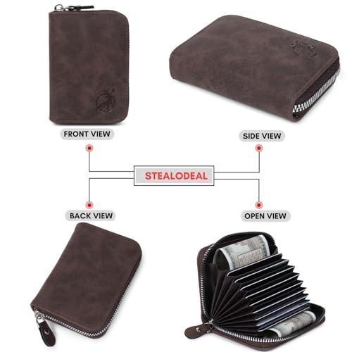 Stealodeal PU Leather 9-Slot with 2 Cash Compartments and Zipper Closure Credit/Debit/ATM Card Holder (Coffee) - Image 4