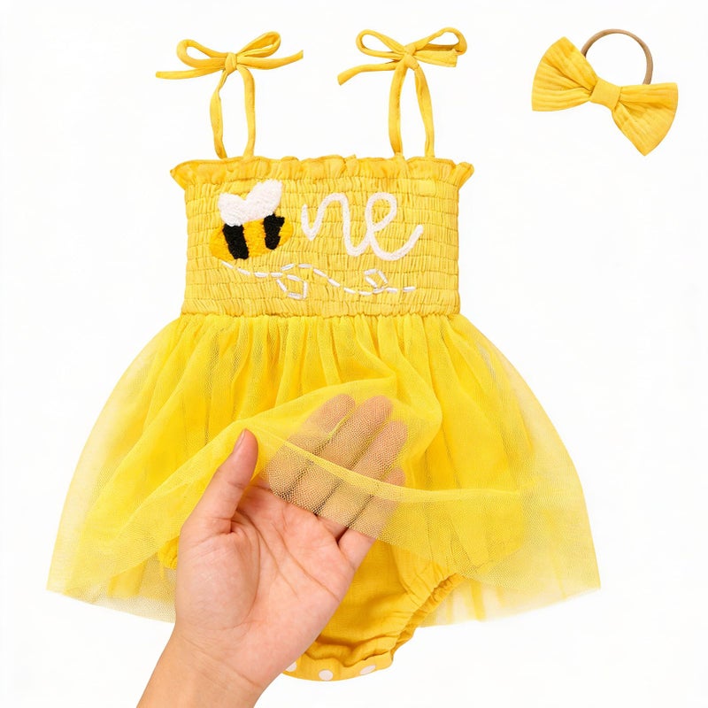 TITKKOP Baby Girl 1st Birthday Clothes One Year Old Tulle Romper Sleeveless Bodysuit Cake Smash Outfits(yellow,12-18M) - Image 3