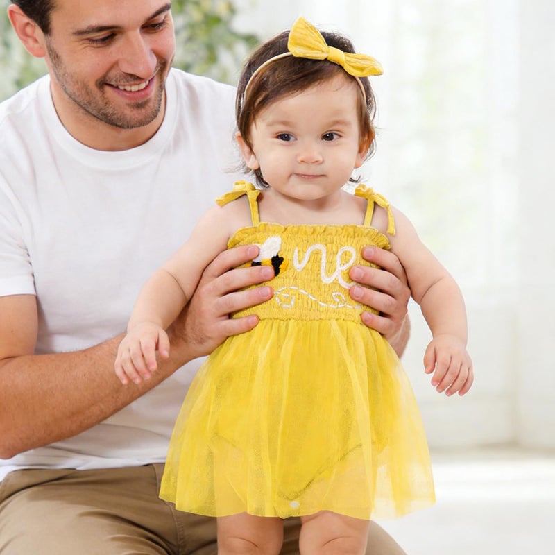 TITKKOP Baby Girl 1st Birthday Clothes One Year Old Tulle Romper Sleeveless Bodysuit Cake Smash Outfits(yellow,12-18M) - Image 4