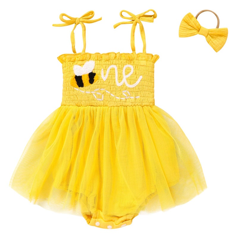 TITKKOP Baby Girl 1st Birthday Clothes One Year Old Tulle Romper Sleeveless Bodysuit Cake Smash Outfits(yellow,12-18M) - Image 1