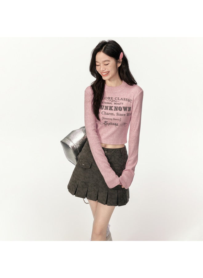 EPTISON Women'S Long Sleeve T-Shirt, Autumn Retro American Letter Print Fitted Round Neck Knitted Crop Top - Image 3