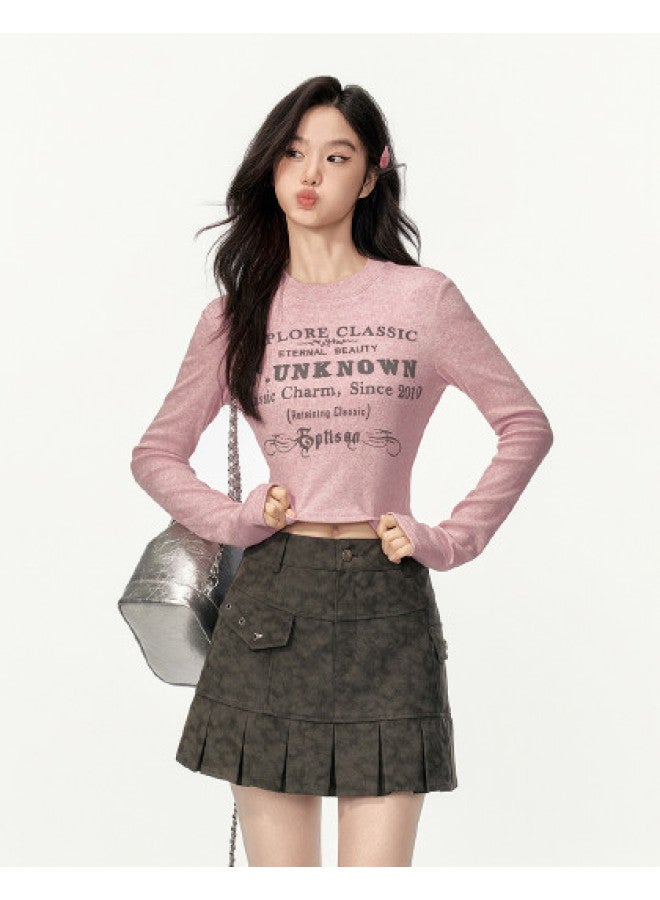 EPTISON Women'S Long Sleeve T-Shirt, Autumn Retro American Letter Print Fitted Round Neck Knitted Crop Top - Image 1