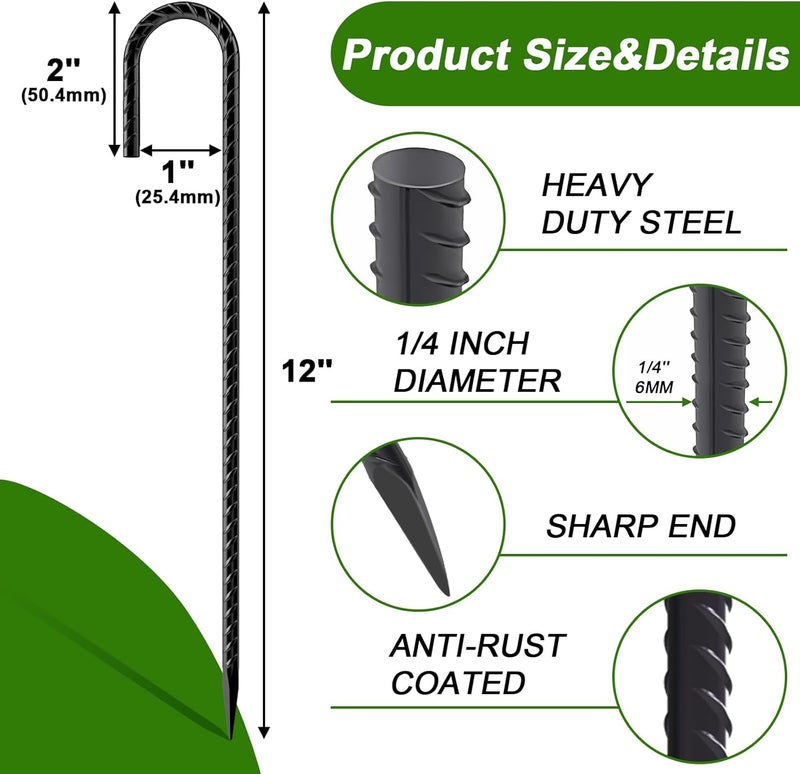 AAGUT Rebar Stakes 12 Inch 32 Pack, J Hook Premium Black Coated Ground Garden Anchors Heavy Duty, Superior Rust Resistance Chain Link Fence Stakes for Camping Tent, Inflatables, Lawn Decor - Image 2