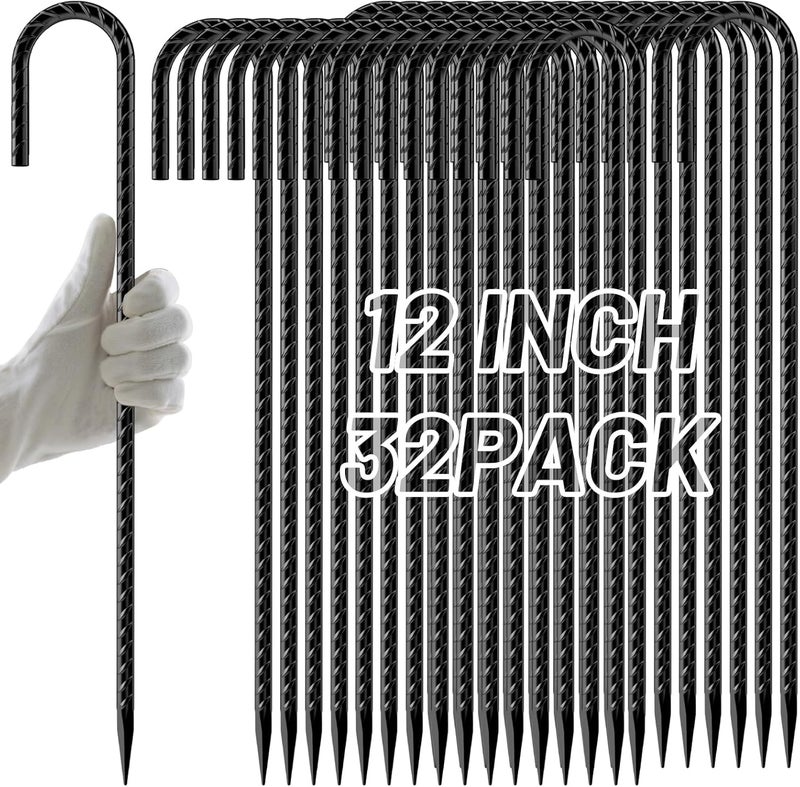 AAGUT Rebar Stakes 12 Inch 32 Pack, J Hook Premium Black Coated Ground Garden Anchors Heavy Duty, Superior Rust Resistance Chain Link Fence Stakes for Camping Tent, Inflatables, Lawn Decor - Image 1