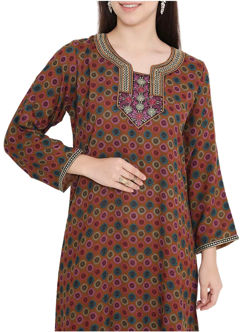 HANA & SARA MULTICOLOUR PRINTED WITH NECK EMBROIDERY ARABIC KAFTAN JALABIYA FARASHA