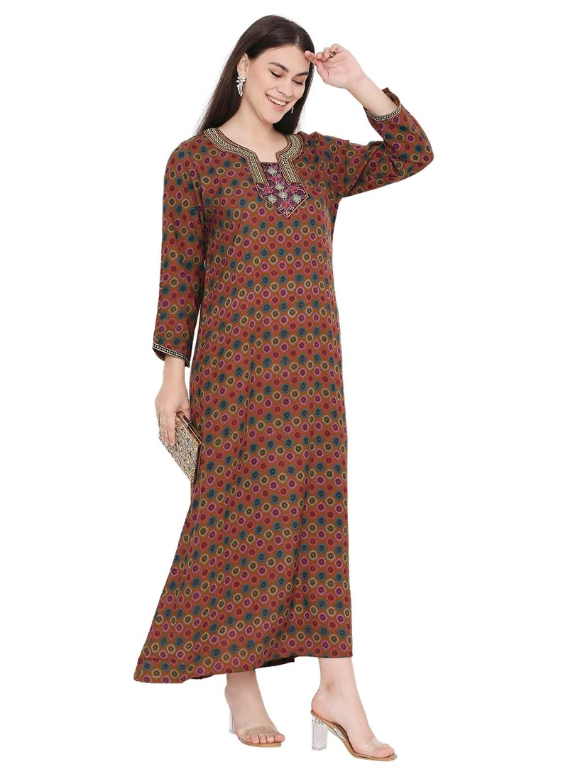 هانا آند سارا MULTICOLOUR PRINTED WITH NECK EMBROIDERY ARABIC KAFTAN JALABIYA FARASHA