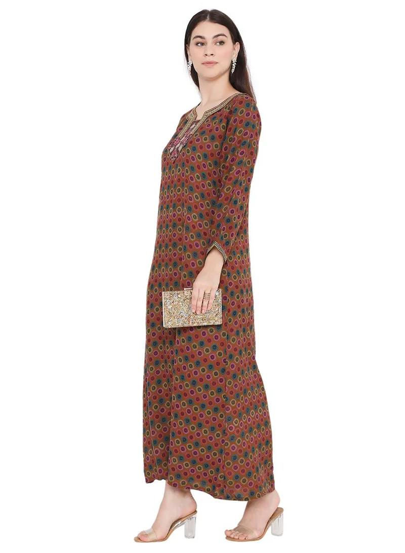 هانا آند سارا MULTICOLOUR PRINTED WITH NECK EMBROIDERY ARABIC KAFTAN JALABIYA FARASHA