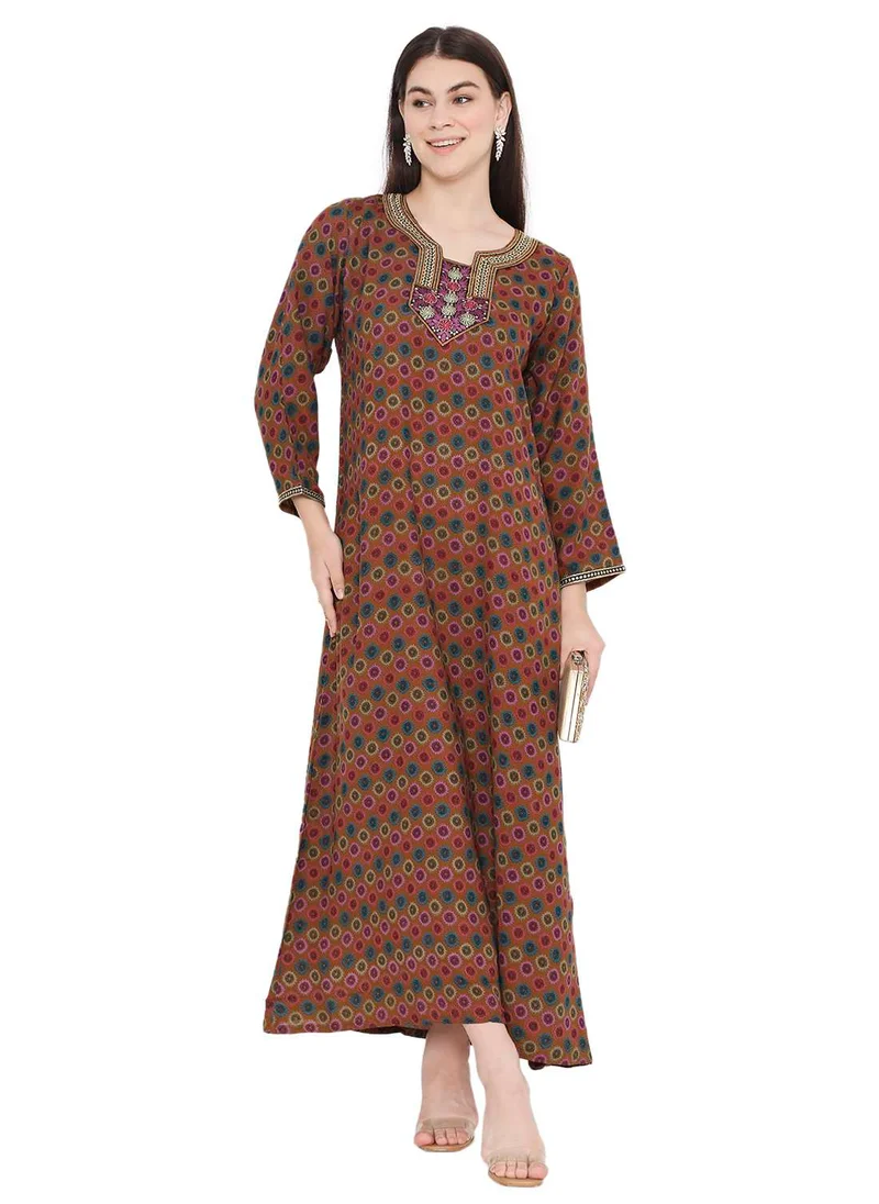HANA & SARA MULTICOLOUR PRINTED WITH NECK EMBROIDERY ARABIC KAFTAN JALABIYA FARASHA