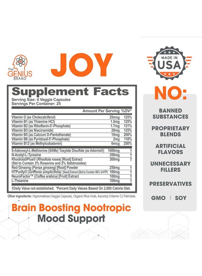 ذا جينيس براند جينيوس جوي، مكمل غذائي لتعزيز المزاج - يدعم الصحة الإدراكية، ويعزز المزاج والوظائف العصبية مع إل-ثيانين، وباناكس جينسنغ، وسام-إي - عضوي، وغير معدل وراثيًا، وخالٍ من الغلوتين - Image 3