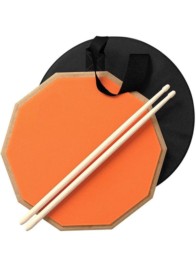 12In Snare Drum Practice Pad and Sticks - Double Sided Silent Practice Drum Pad and Sticks & Storage Bag for Snare Drum Pad- Snare Practice Pad for Drumming with Two Surfaces (Orange) - Image 1