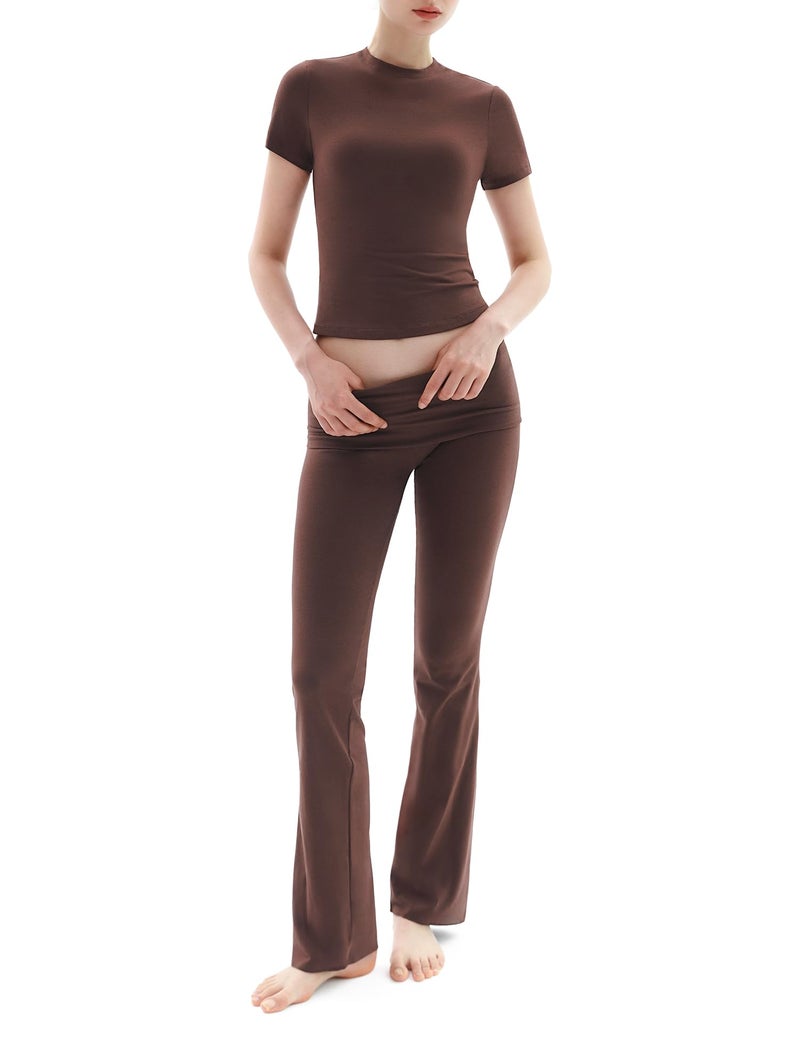 PUMIEY Two Piece Sets for women Lounge Sets Short Sleeve Tops Flare Leggings Set Going Out Casual Outfits Matching Sets Tracksuit, Chocolate Large - Image 1