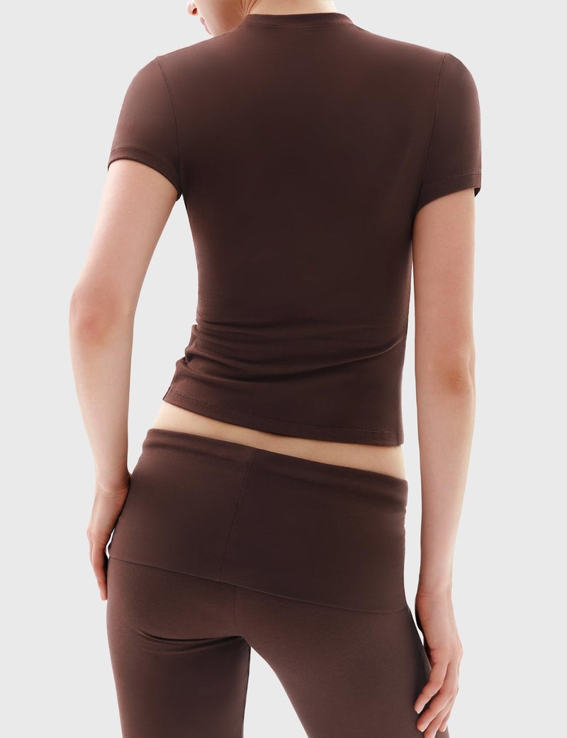 PUMIEY Two Piece Sets for women Lounge Sets Short Sleeve Tops Flare Leggings Set Going Out Casual Outfits Matching Sets Tracksuit, Chocolate Large - Image 4