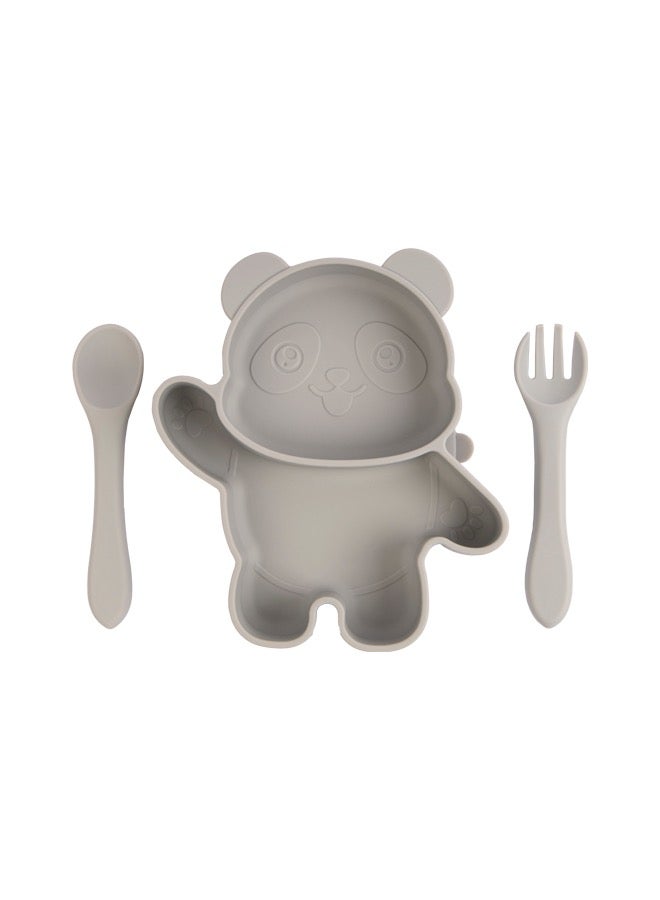 Babies Basic Feeding Set, 3 Piece Panda Silicone Set, Easy To Grip, Silicone Suction Plate With Silicone Spoon And Fork- Grey