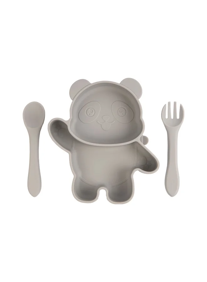 Babies Basic Feeding Set, 3 Piece Panda Silicone Set, Easy To Grip, Silicone Suction Plate With Silicone Spoon And Fork- Grey