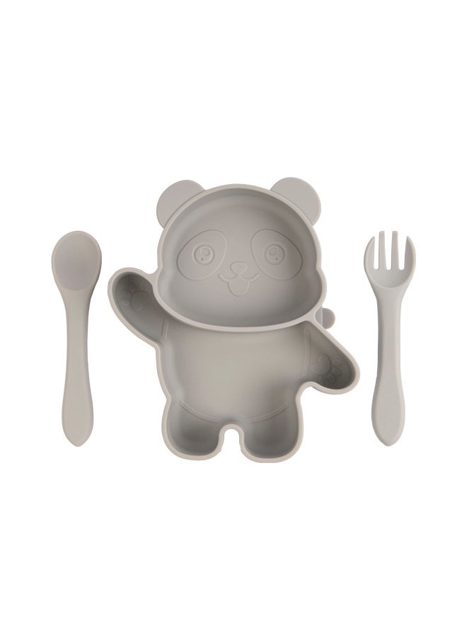 Babies Basic Feeding Set, 3 Piece Panda Silicone Set, Easy To Grip, Silicone Suction Plate With Silicone Spoon And Fork- Grey  - Image 1