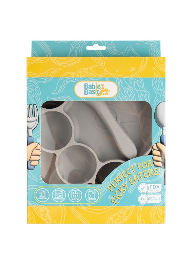Babies Basic Feeding Set, 3 Piece Panda Silicone Set, Easy To Grip, Silicone Suction Plate With Silicone Spoon And Fork- Grey  - Image 5