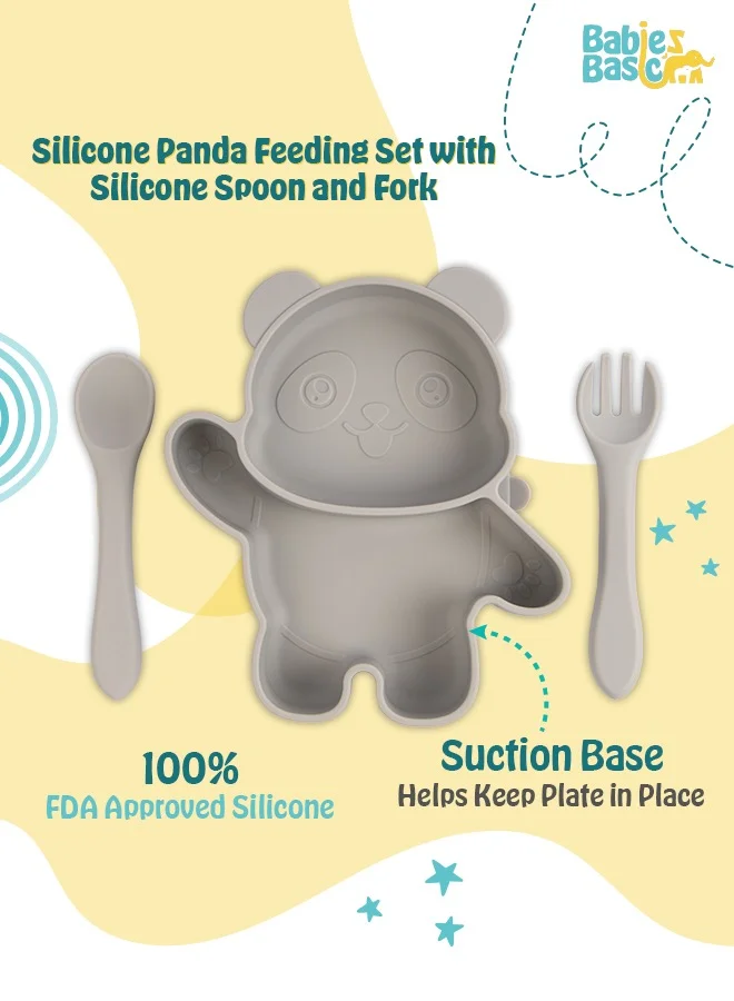 Babies Basic Feeding Set, 3 Piece Panda Silicone Set, Easy To Grip, Silicone Suction Plate With Silicone Spoon And Fork- Grey