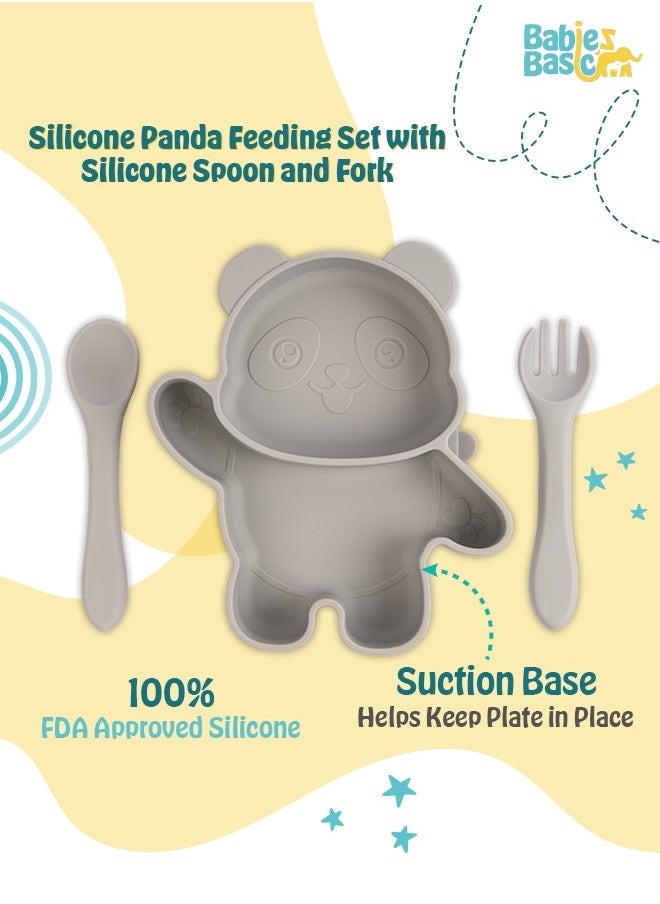 Babies Basic Feeding Set, 3 Piece Panda Silicone Set, Easy To Grip, Silicone Suction Plate With Silicone Spoon And Fork- Grey  - Image 2