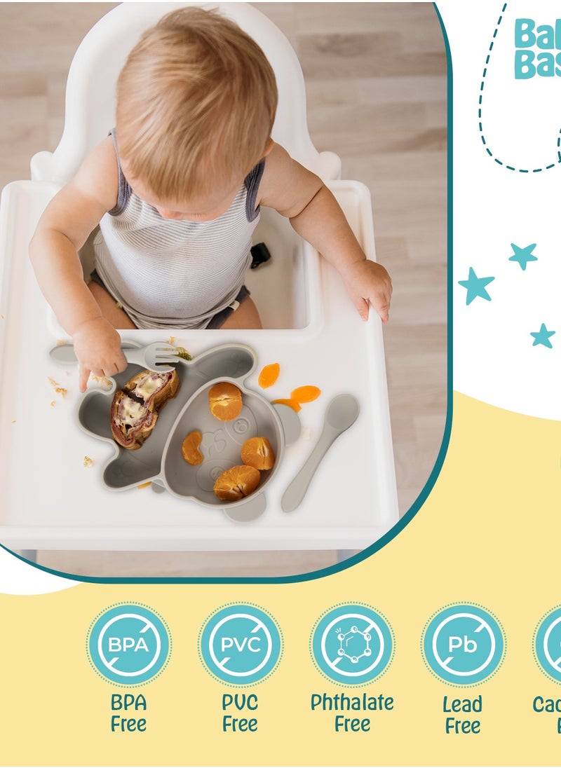 Babies Basic Feeding Set, 3 Piece Panda Silicone Set, Easy To Grip, Silicone Suction Plate With Silicone Spoon And Fork- Grey  - Image 3