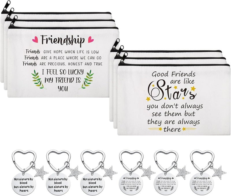 Kenning 12 Pcs Friend Gifts for Women 6 Pcs Friendship Makeup Bag Cosmetic Bags Portable Pouch 6 Pcs Best Friend Keychain for Friendship Birthday Gift
