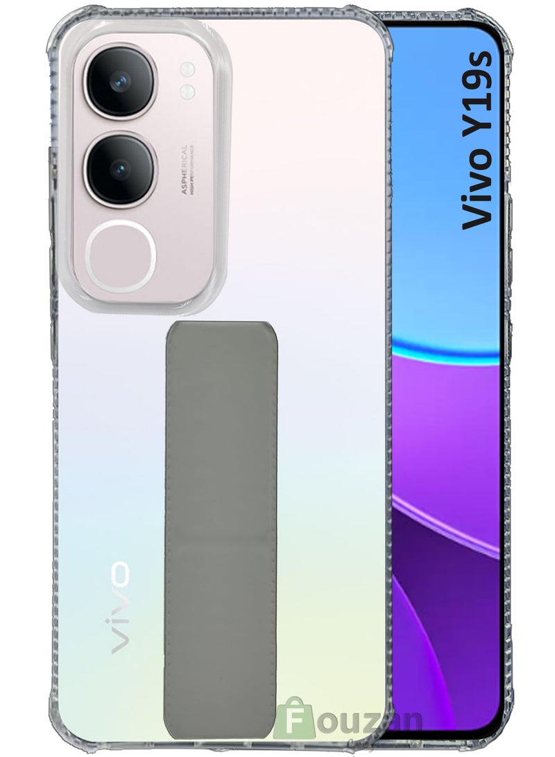 For Vivo Y19s -Transparent Shock Proof Silicone- Magnetic Case With Hand Grip Holder & Kickstand -Clear/Grey - Image 1
