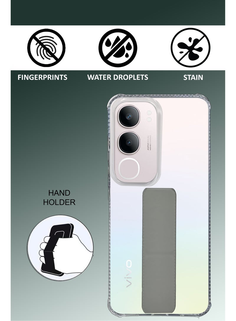 For Vivo Y19s -Transparent Shock Proof Silicone- Magnetic Case With Hand Grip Holder & Kickstand -Clear/Grey - Image 2
