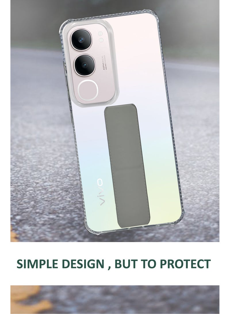 For Vivo Y19s -Transparent Shock Proof Silicone- Magnetic Case With Hand Grip Holder & Kickstand -Clear/Grey - Image 3
