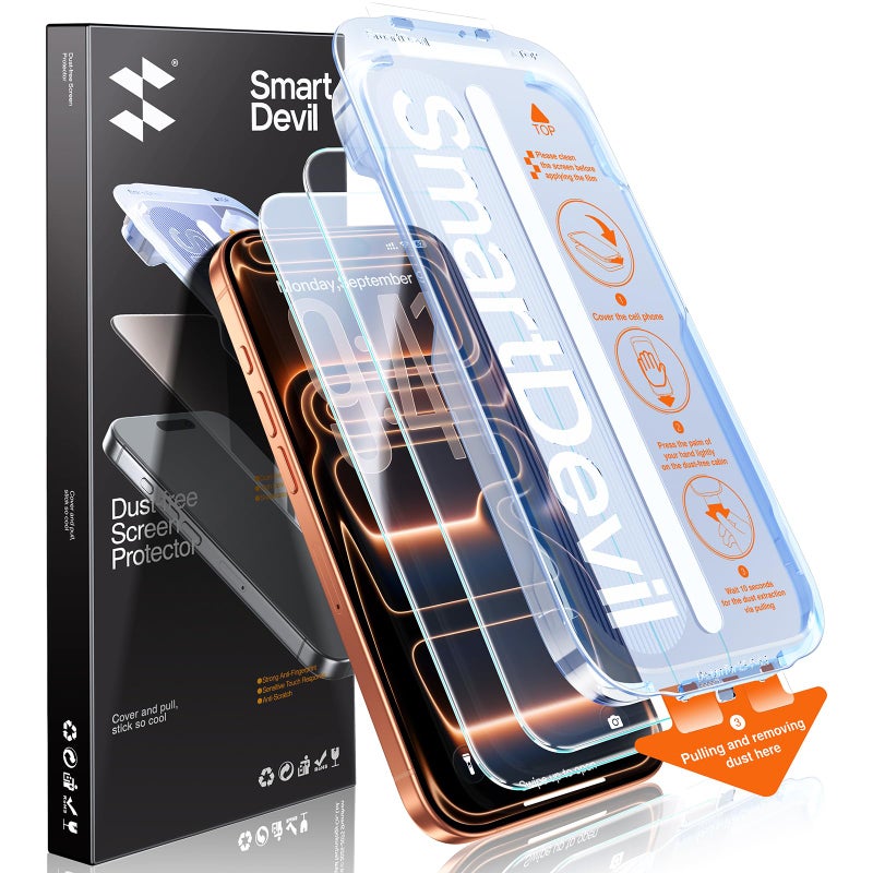 SMARTDEVIL 2 Pack for iPhone 17 Pro Max Screen Protector, 9H Hardness Military Grade Shatterproof, HD Clear Tempered Glass with Auto Dust-Elimination, Bubble Free, Easy Installation, Case Friendly - Image 1