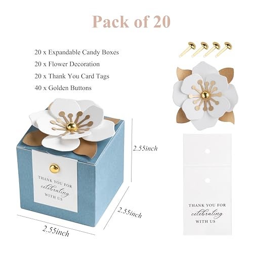 FEIYI 20 PCS Dusty Blue Candy Boxes 3 In 1 Candy Box with Floral Decor White Thank You Tags Gift wrapping for Wedding Birthday Baby Shower Decorations Party 255x255x255 inches Dusty Blue - Image 3
