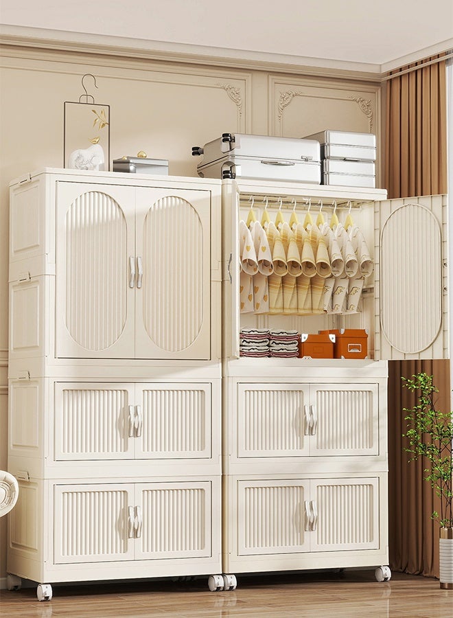 CozyNest White Freestanding Portable Wardrobe Closet 65cm Wide with Hanging Rod & Doors, Stackable Storage Bins with Lids, Dustproof Clothing Cabinet with Wheels for Bedroom & Office - Image 2