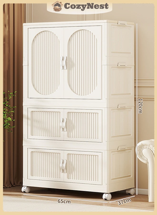 CozyNest White Freestanding Portable Wardrobe Closet 65cm Wide with Hanging Rod & Doors, Stackable Storage Bins with Lids, Dustproof Clothing Cabinet with Wheels for Bedroom & Office - Image 1
