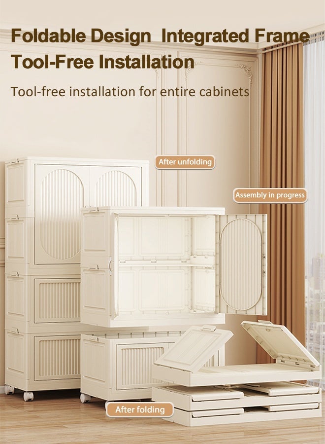 CozyNest White Freestanding Portable Wardrobe Closet 65cm Wide with Hanging Rod & Doors, Stackable Storage Bins with Lids, Dustproof Clothing Cabinet with Wheels for Bedroom & Office - Image 4