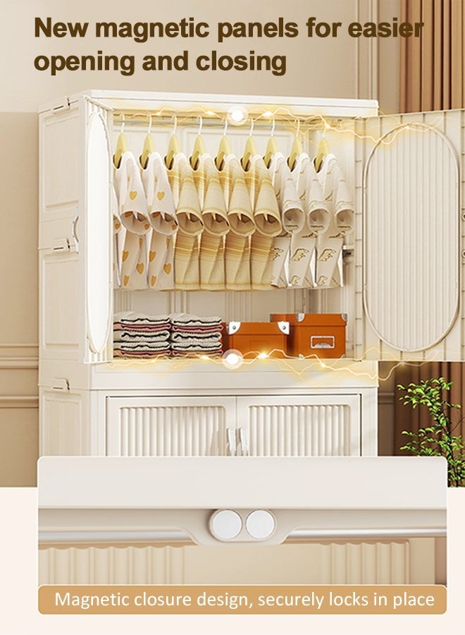 CozyNest White Freestanding Portable Wardrobe Closet 65cm Wide with Hanging Rod & Doors, Stackable Storage Bins with Lids, Dustproof Clothing Cabinet with Wheels for Bedroom & Office - Image 5