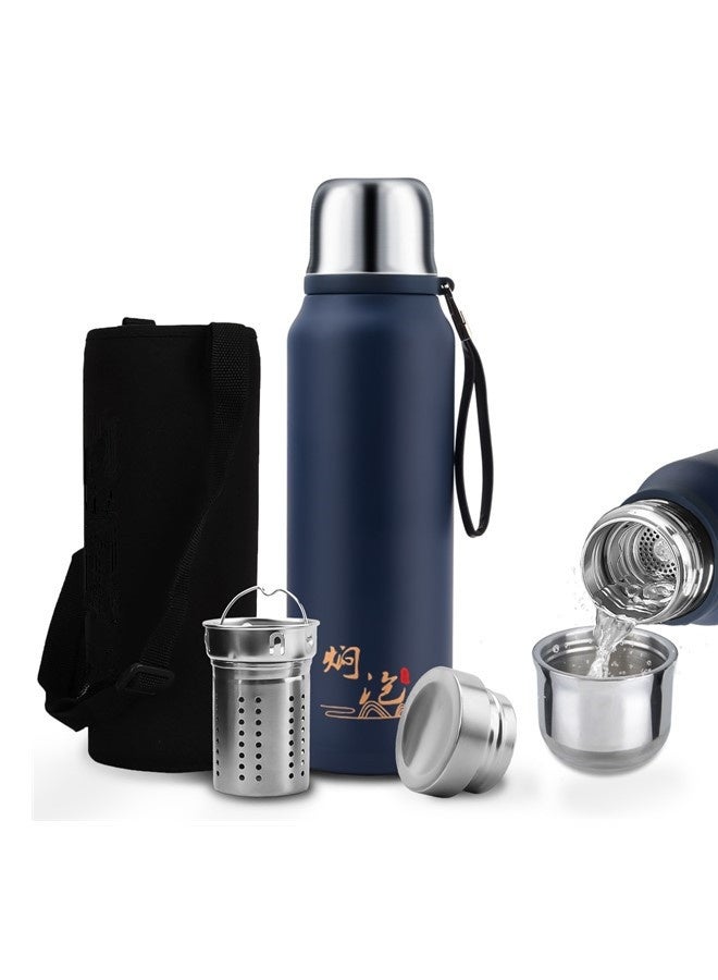 ترمس 1000 مل مع غطاء كوب من الفولاذ بالكامل، زجاجة حرارية للسفر/الرياضة/الأنشطة الخارجية/مواقع التخييم، مع جراب كوب - محمول باليد - جراب قماشي على شكل حقيبة ظهر، ترمس للقهوة والشاي، مع غطاء مانع للتسرب، وظائف النقع/القهوة والتخمير، إبريق شاي، وعاء قهوة، أداء عزل وتبريد، زجاجات مياه، فولاذ مقاوم للصدأ 316، مادة صالحة للطعام، زجاجة كبيرة بسعة 1 لتر، لون أزرق حراري - Image 1