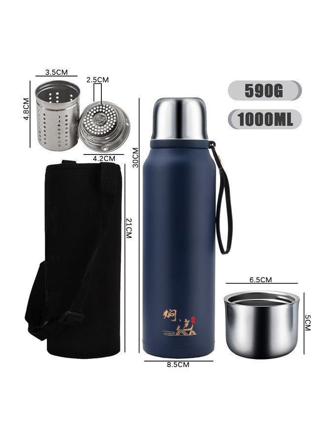 ترمس 1000 مل مع غطاء كوب من الفولاذ بالكامل، زجاجة حرارية للسفر/الرياضة/الأنشطة الخارجية/مواقع التخييم، مع جراب كوب - محمول باليد - جراب قماشي على شكل حقيبة ظهر، ترمس للقهوة والشاي، مع غطاء مانع للتسرب، وظائف النقع/القهوة والتخمير، إبريق شاي، وعاء قهوة، أداء عزل وتبريد، زجاجات مياه، فولاذ مقاوم للصدأ 316، مادة صالحة للطعام، زجاجة كبيرة بسعة 1 لتر، لون أزرق حراري - Image 2