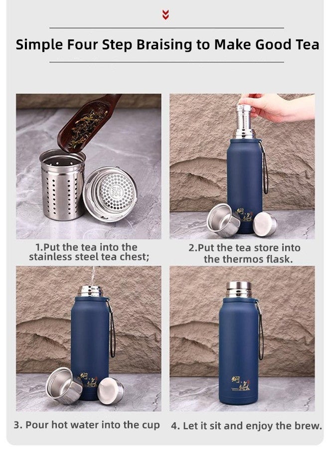 ترمس 1000 مل مع غطاء كوب من الفولاذ بالكامل، زجاجة حرارية للسفر/الرياضة/الأنشطة الخارجية/مواقع التخييم، مع جراب كوب - محمول باليد - جراب قماشي على شكل حقيبة ظهر، ترمس للقهوة والشاي، مع غطاء مانع للتسرب، وظائف النقع/القهوة والتخمير، إبريق شاي، وعاء قهوة، أداء عزل وتبريد، زجاجات مياه، فولاذ مقاوم للصدأ 316، مادة صالحة للطعام، زجاجة كبيرة بسعة 1 لتر، لون أزرق حراري - Image 3