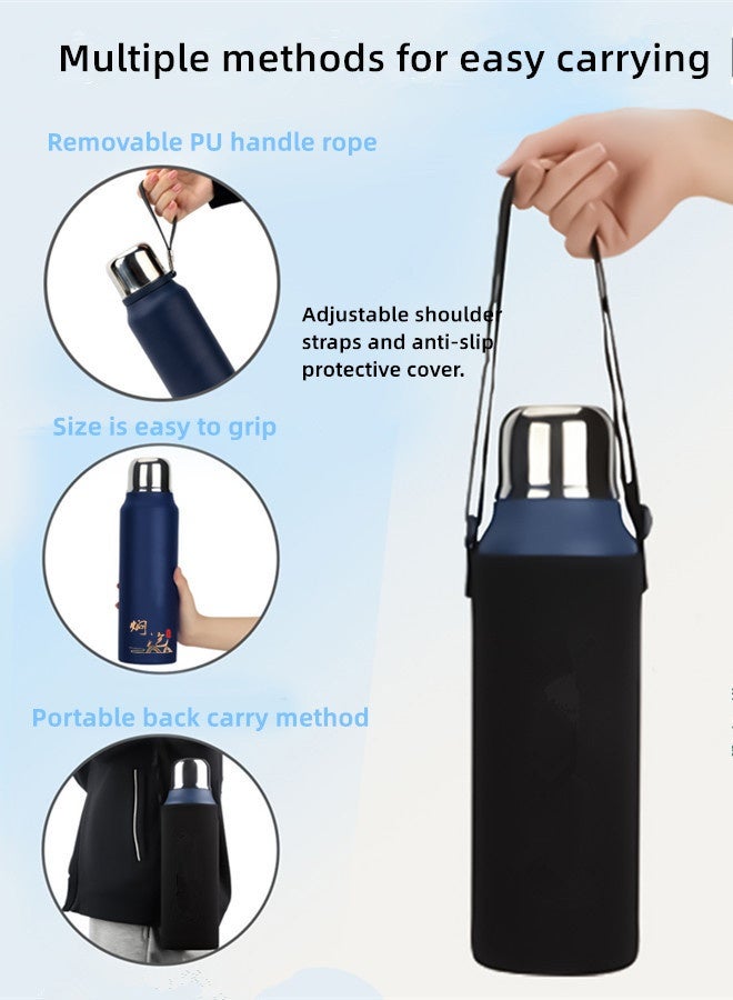 ترمس 1000 مل مع غطاء كوب من الفولاذ بالكامل، زجاجة حرارية للسفر/الرياضة/الأنشطة الخارجية/مواقع التخييم، مع جراب كوب - محمول باليد - جراب قماشي على شكل حقيبة ظهر، ترمس للقهوة والشاي، مع غطاء مانع للتسرب، وظائف النقع/القهوة والتخمير، إبريق شاي، وعاء قهوة، أداء عزل وتبريد، زجاجات مياه، فولاذ مقاوم للصدأ 316، مادة صالحة للطعام، زجاجة كبيرة بسعة 1 لتر، لون أزرق حراري - Image 5