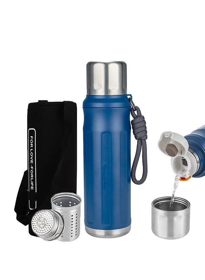 Thermos 1000ml with All-steel Cup Lid Advanced,Emergency Insulated Water Bottle,Travel/Sports/Outdoor/Campsites Thermo Bottle Mug Flask, with Cup Sleeve - Handheld - Backpack-Style Cloth Sleeve,Thermos for Coffee and Tea,With Leakproof Lid,Steeping/Coffee and Brewing Functions Teapot Coffee Pot,Insulation and Cooling Performance,Water Bottles,316 Stainless Steel Food-Grade Material Large Capacity 1 Litre Bottle Thermo Blue - Image 1
