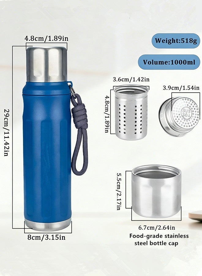 Thermos 1000ml with All-steel Cup Lid Advanced,Emergency Insulated Water Bottle,Travel/Sports/Outdoor/Campsites Thermo Bottle Mug Flask, with Cup Sleeve - Handheld - Backpack-Style Cloth Sleeve,Thermos for Coffee and Tea,With Leakproof Lid,Steeping/Coffee and Brewing Functions Teapot Coffee Pot,Insulation and Cooling Performance,Water Bottles,316 Stainless Steel Food-Grade Material Large Capacity 1 Litre Bottle Thermo Blue - Image 2