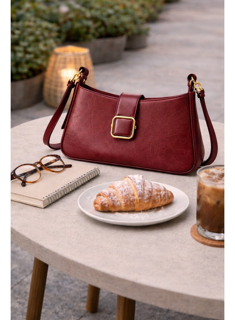 TRENDORA Vintage Textured Leather Shoulder Bag – Elegant Burgundy Wine | Convertible Shoulder Bag & Crossbody - Image 4