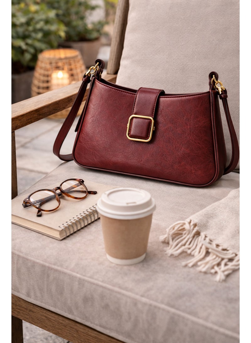 TRENDORA Vintage Textured Leather Shoulder Bag – Elegant Burgundy Wine | Convertible Shoulder Bag & Crossbody - Image 3