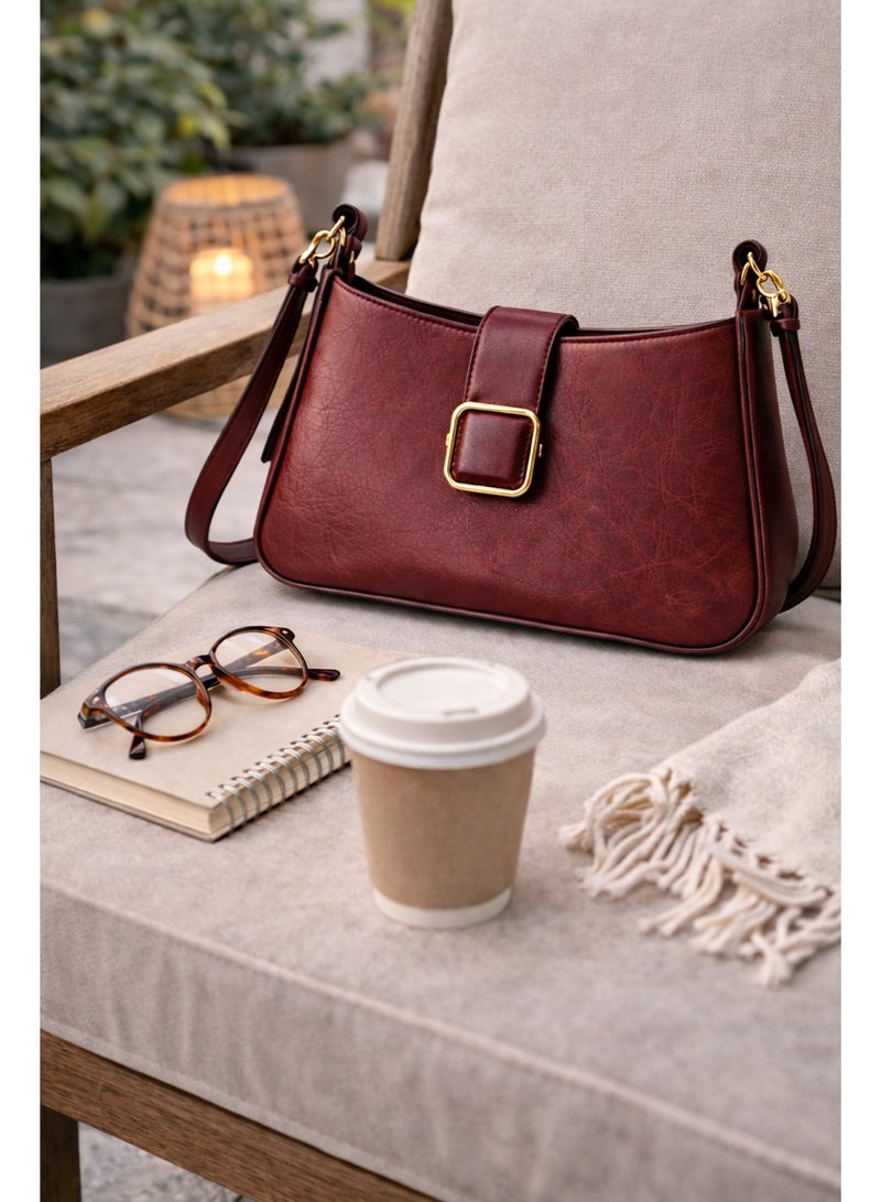 TRENDORA Vintage Textured Leather Shoulder Bag – Elegant Burgundy Wine | Convertible Shoulder Bag & Crossbody - Image 5