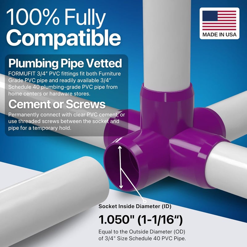 FORMUFIT 3/4" 5-Way Cross Furniture Grade PVC Fitting in Purple, Made in USA, UV-Resistant, Impact-Proof, 1.050” Actual Socket Diameter (Pack of 8) - F0345WC-PU-8 - Image 5