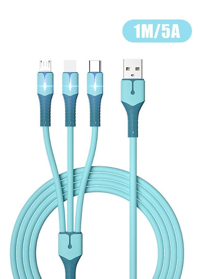 3 in 1 USB Super Fast Charging Cable 1M/5A, Soft Silicone Type-C Lightning Port Universal Charger Cable with indicator light, Compatible with Laptop/Tablet/Phone (Blue) - Image 1