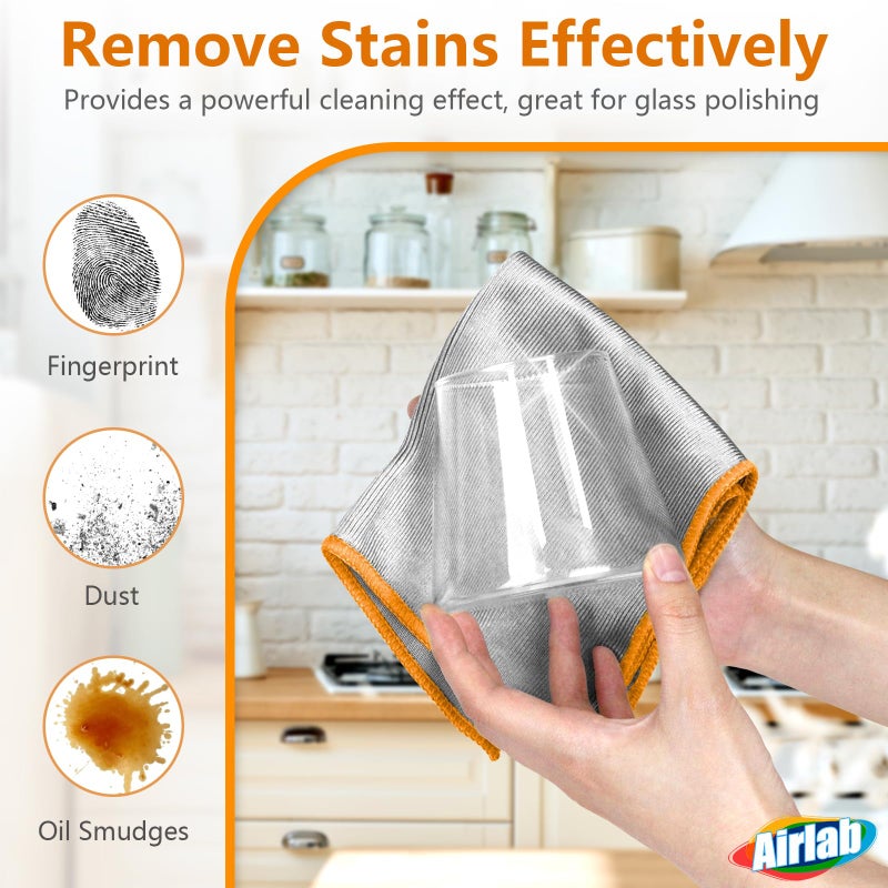 Airlab Glass Polishing Cloth Streak Free Miracle Microfiber Cleaning Cloth Lint Free Cleaning Rags for Glasses Kitchen Dish Mirrors Easy Clean, Pack of 6, 12" x 12", Sliver-Orange - Image 2