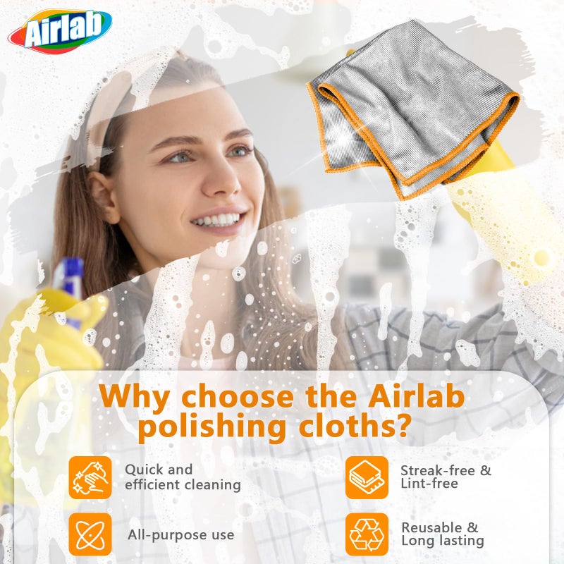 Airlab Glass Polishing Cloth Streak Free Miracle Microfiber Cleaning Cloth Lint Free Cleaning Rags for Glasses Kitchen Dish Mirrors Easy Clean, Pack of 6, 12" x 12", Sliver-Orange - Image 3