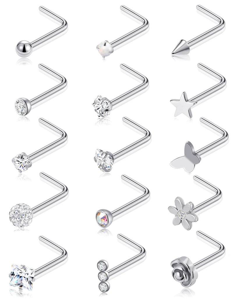 Tornito 15Pcs G23 Titanium Nose Rings Stud L Shaped Star Heart CZ Flower Butterfly Ball Nose Stud Pure Titanium Nostril Piercing Jewelry for Women Men 20G Silver Tone - Image 1